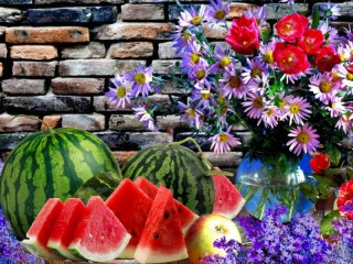 Quebra-cabeça «Watermelon and flowers»