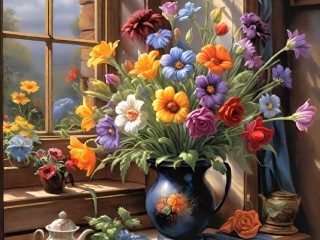 Quebra-cabeça «Bouquet on the window»