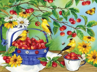 Jigsaw Puzzle «Sweet cherry and birds»