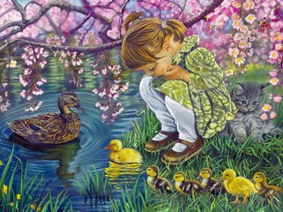 Quebra-cabeça «Girl and ducklings»