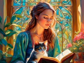 Rompicapo «Girl and cat reading a book»