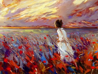 Quebra-cabeça «Girl on a colorful field»
