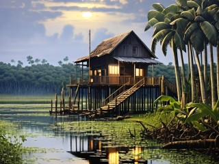 Пазл «Дом на сваях в джунглях»
