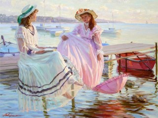 Rompecabezas «Two girls on a pier in Normandy»