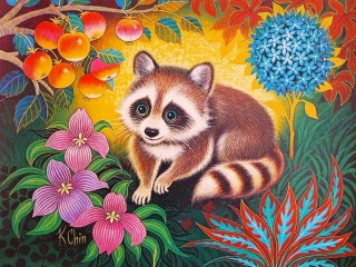 Пазл «Raccoon and flowers»