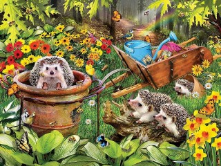 Пазл «Hedgehogs in the garden»