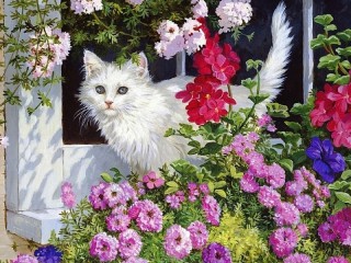 Пазл «Кошка и цветы»
