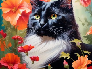 Jigsaw Puzzle «Cat and poppies»
