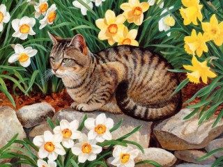 Rompecabezas «Cat and narcissuses»