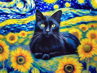 Quebra-cabeça «Cat and sunflowers»