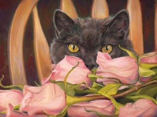 Пазл «Кот и розы»