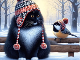 Jigsaw Puzzle «Cat and tit»