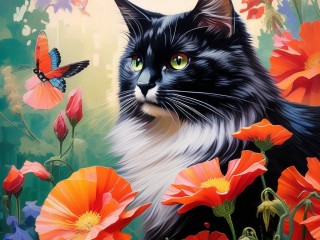 Слагалица «Cat with butterfly in flowers»