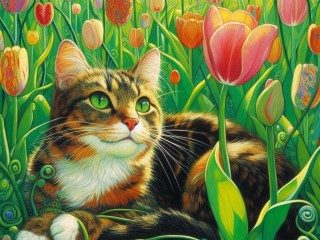 Jigsaw Puzzle «Cat among tulips»