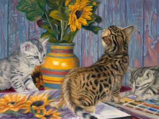 Jigsaw Puzzle «Kittens and a bouquet»