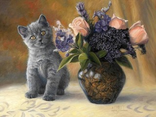 Пазл «Котёнок и цветы»