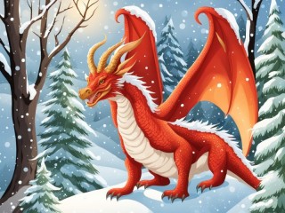 Пазл «Красный дракон в зимнем лесу»