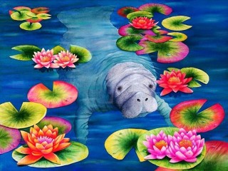 Jigsaw Puzzle «Manatee and lotuses»