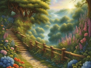 Пазл «Лестница в цветочном лесу»