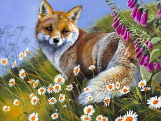 Quebra-cabeça «Fox among flowers»