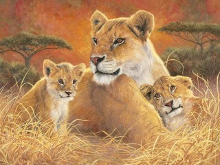 Quebra-cabeça «Lioness and lion cubs»
