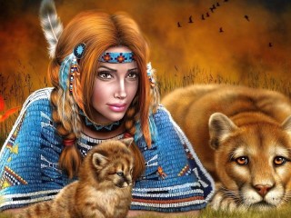 Rompecabezas «Girl and puma with cubs»