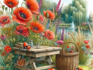 Jigsaw Puzzle «Poppies and ladybugs»