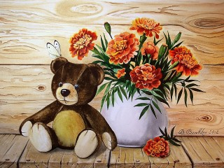 Bulmaca «Teddy bear and marigolds»