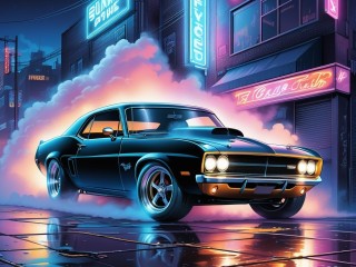 Слагалица «Muscle car and neon background»