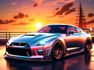 Puzzle «Nissag GTR and sunset»