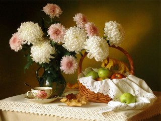 Jigsaw Puzzle «Chrysanthemums and apples»