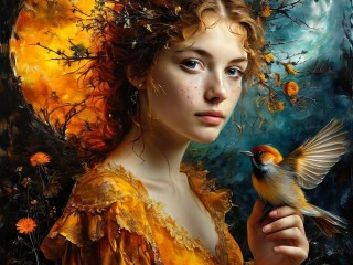 Jigsaw Puzzle «Red-haired girl and bird»
