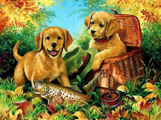 Jigsaw Puzzle «Puppies with a basket»