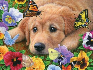 Пазл «Puppy and butterflies»