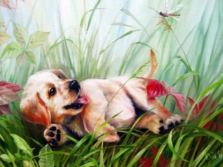 Jigsaw Puzzle «Puppy and dragonfly»