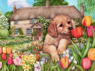 Jigsaw Puzzle «Puppy and tulips»