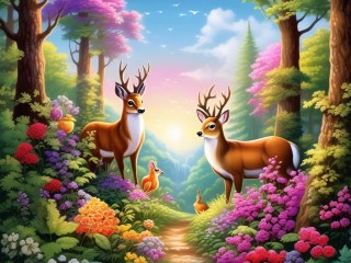 パズル «Fairytale forest and two deer»