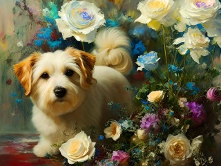 Jigsaw Puzzle «Dog in roses»