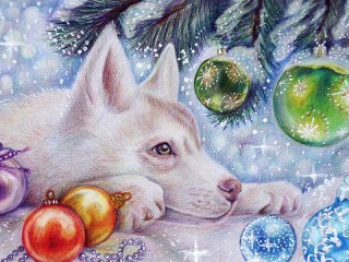 Quebra-cabeça «Dog under the Christmas tree»