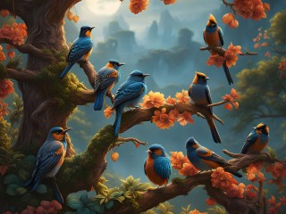 Пазл «Стая красивых птиц на дереве»