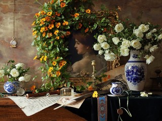 Rompecabezas «Flowers and a portrait»