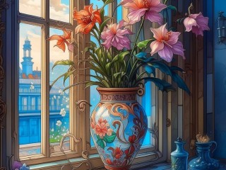 Quebra-cabeça «Flowers on the window»