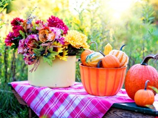 Quebra-cabeça «Autumn flowers with pumpkins»