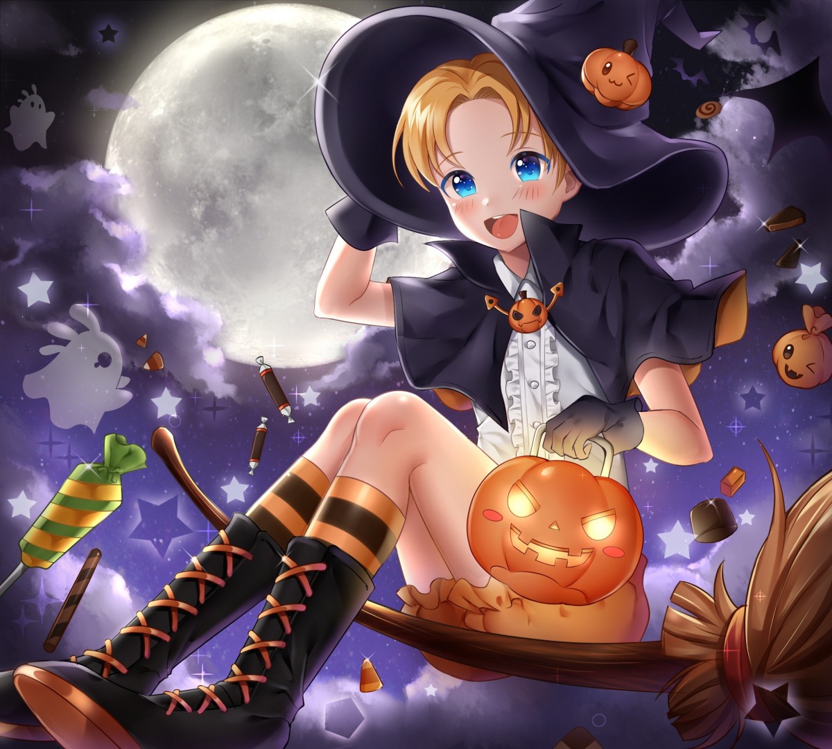 луна #ночь #девушка #аниме #ведьма #праздник #Хэллоуин #тыква #магия #фэнте...