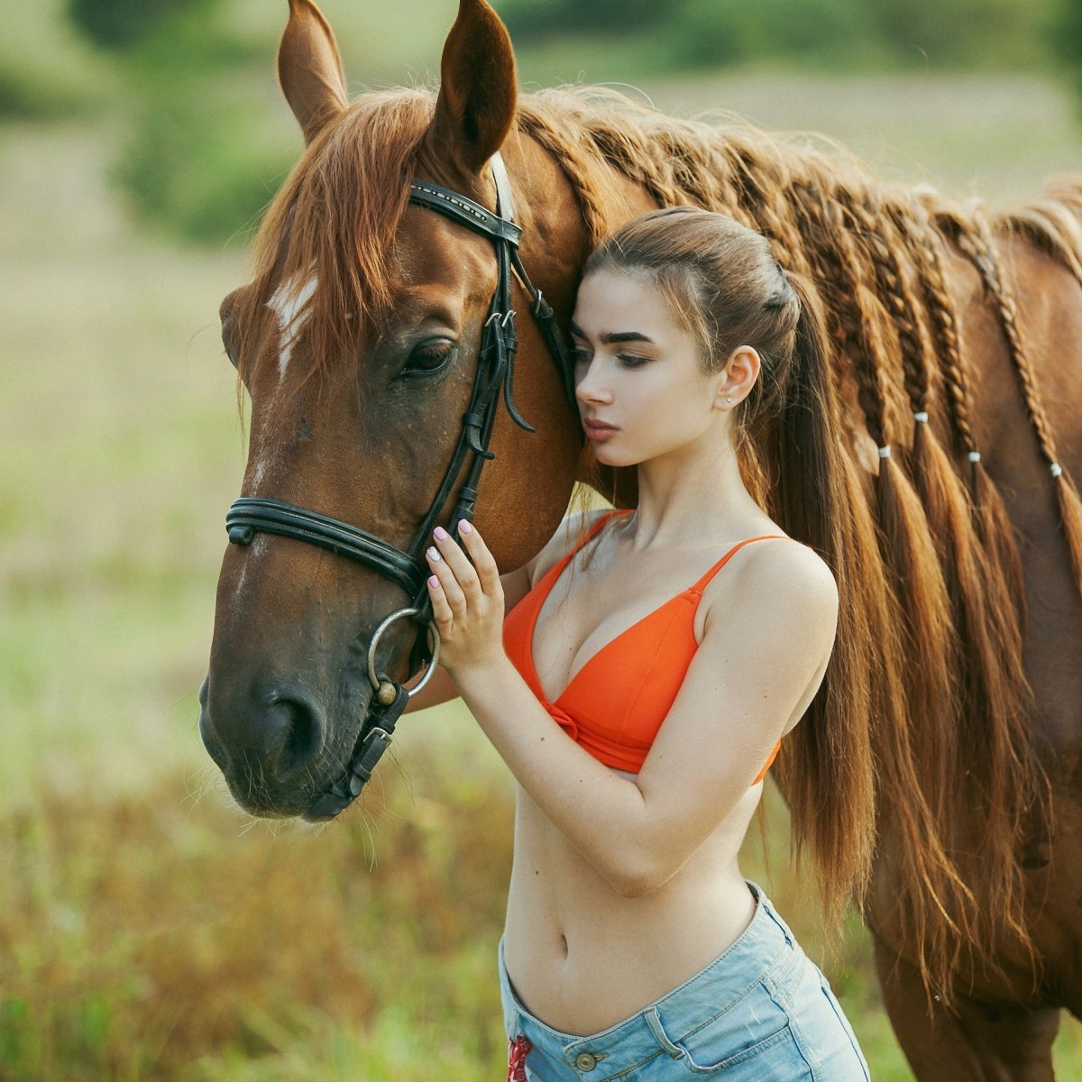 Рыжий конь и девушка. 