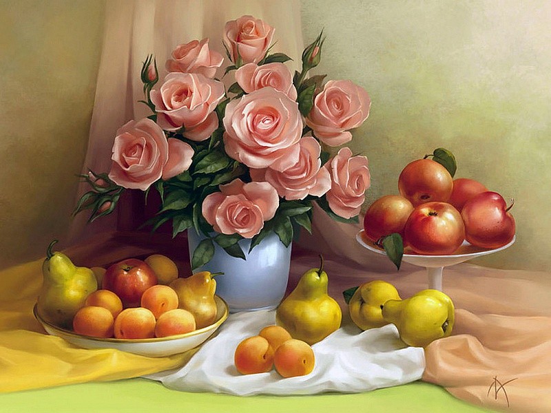 Пазл Розы и фрукты