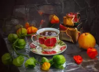 Пазл Чашка чая и физалис
