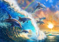 Пазл Дельфины и волна