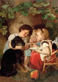 Пазл Дети кормят собаку