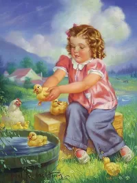 Jigsaw Puzzle Girl and ducklings